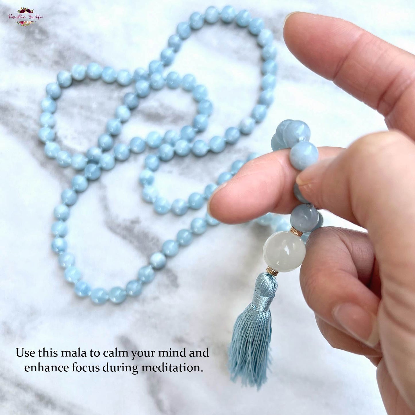 AQUAMARINE & WHITE MOONSTONE MALA