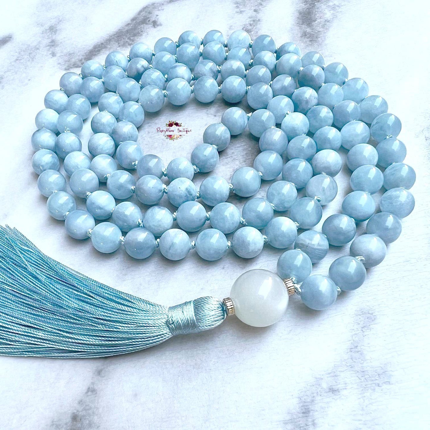 AQUAMARINE & WHITE MOONSTONE MALA