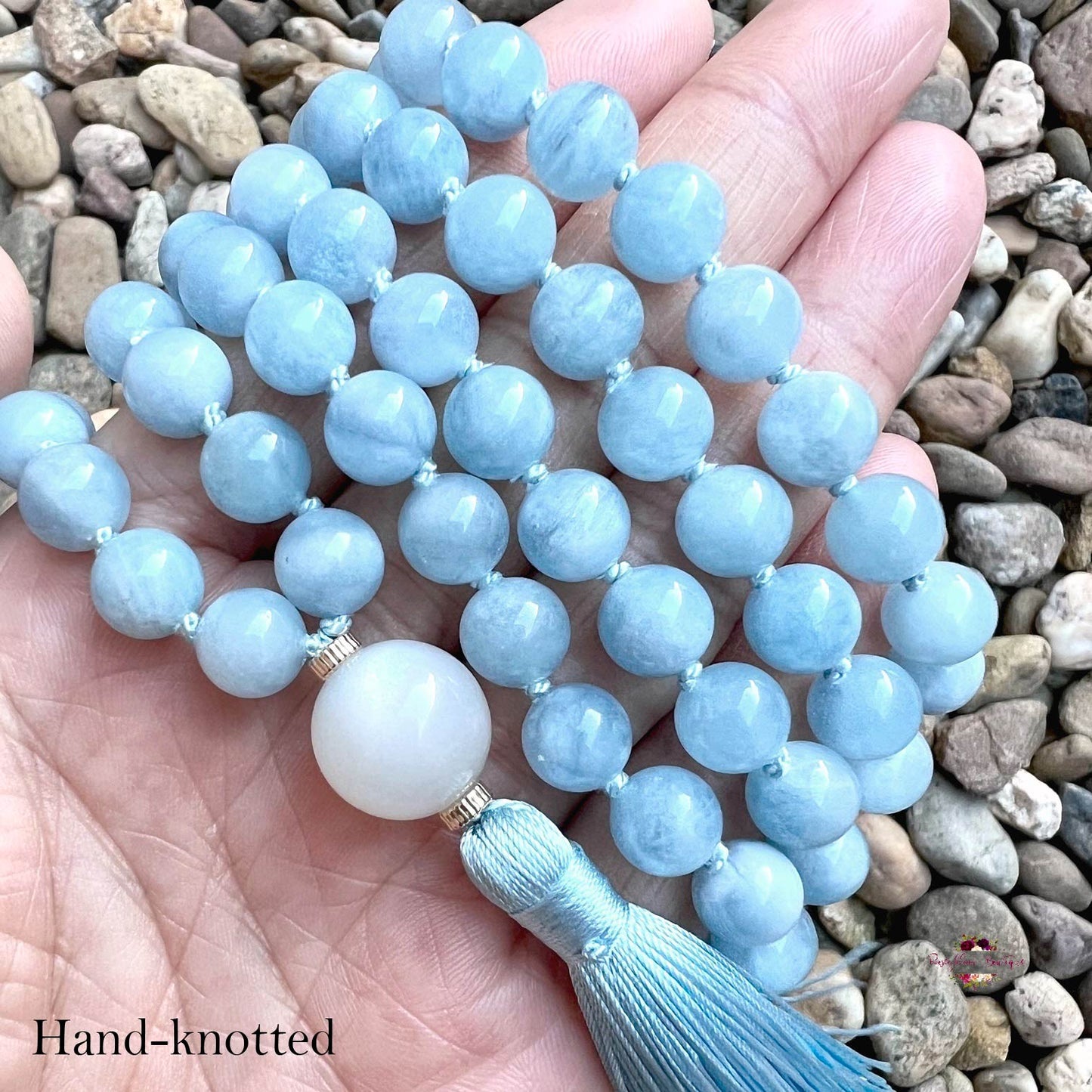 AQUAMARINE MALA – 108 Beads, Hand-knotted, Grade AA Natural Gemstones