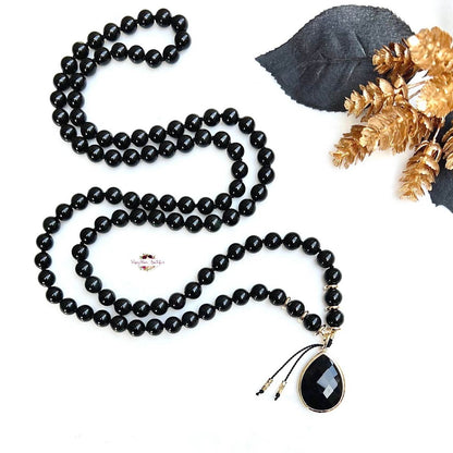 MALA PENDENTIF OBSIDIENNE NOIRE | 108 perles, noué à la main, collier en pierres précieuses naturelles de qualité AA
