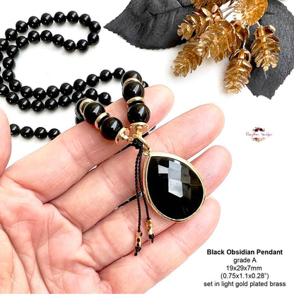 MALA PENDENTIF OBSIDIENNE NOIRE | 108 perles, noué à la main, collier en pierres précieuses naturelles de qualité AA