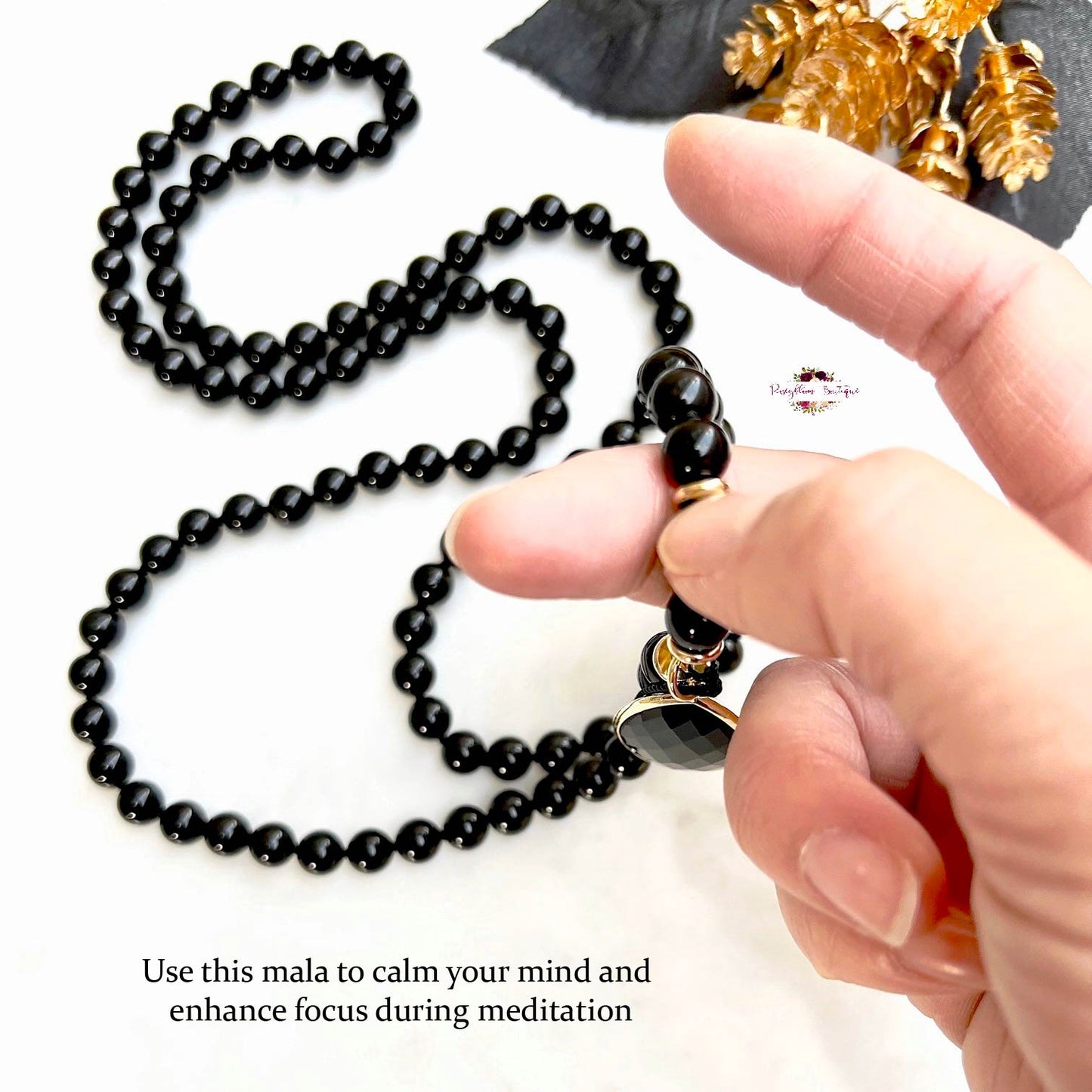 MALA PENDENTIF OBSIDIENNE NOIRE | 108 perles, noué à la main, collier en pierres précieuses naturelles de qualité AA