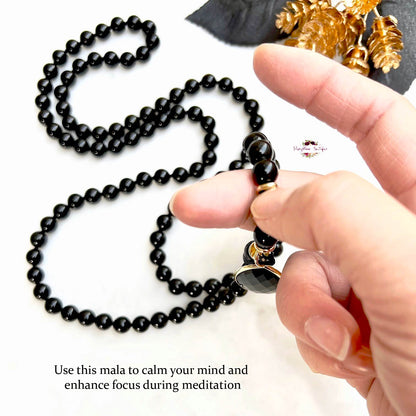 MALA PENDENTIF OBSIDIENNE NOIRE | 108 perles, noué à la main, collier en pierres précieuses naturelles de qualité AA