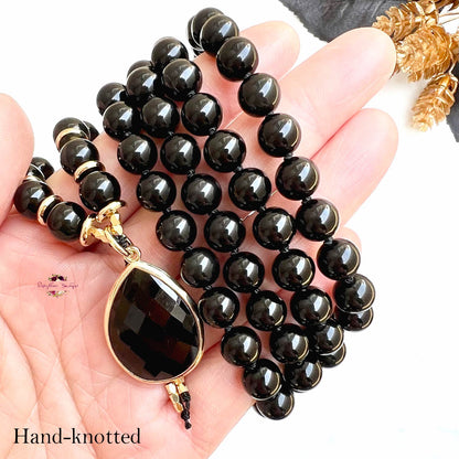 MALA PENDENTIF OBSIDIENNE NOIRE | 108 perles, noué à la main, collier en pierres précieuses naturelles de qualité AA