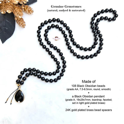 MALA PENDENTIF OBSIDIENNE NOIRE | 108 perles, noué à la main, collier en pierres précieuses naturelles de qualité AA