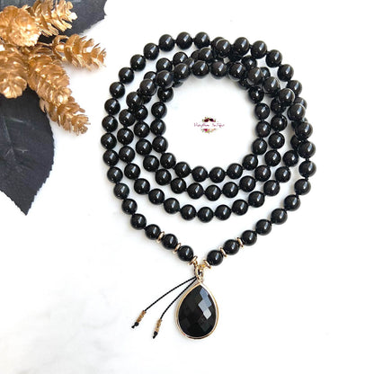 MALA PENDENTIF OBSIDIENNE NOIRE | 108 perles, noué à la main, collier en pierres précieuses naturelles de qualité AA