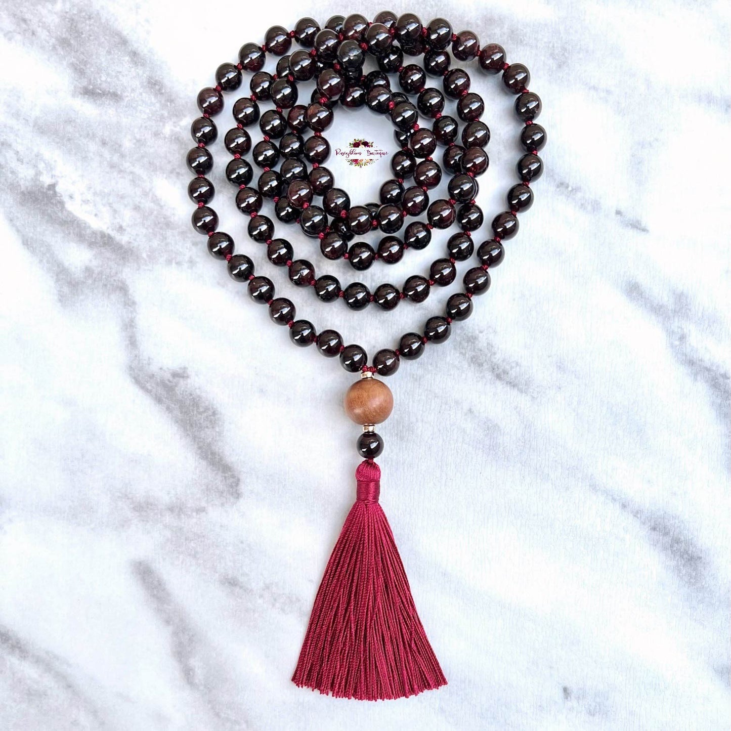 GARNET & WHITE SANDALWOOD MALA