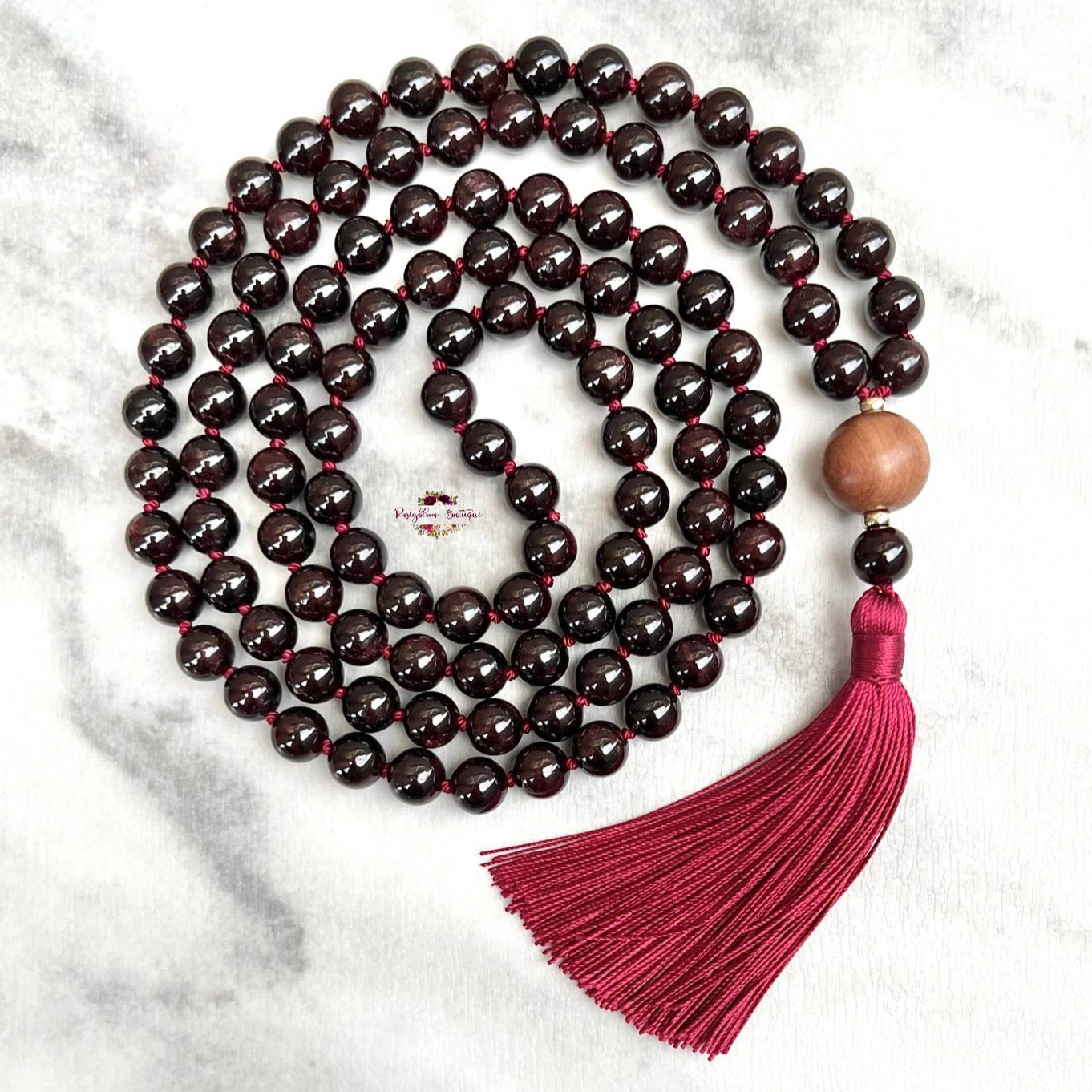 GARNET & WHITE SANDALWOOD MALA