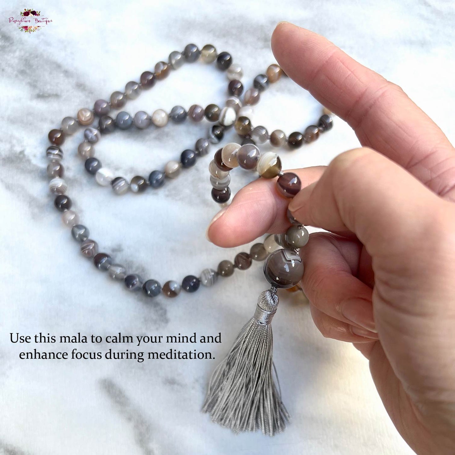 BOTSWANA AGATE MALA | 108 Beads, Hand-knotted, Grade A Natural Gemstone Necklace