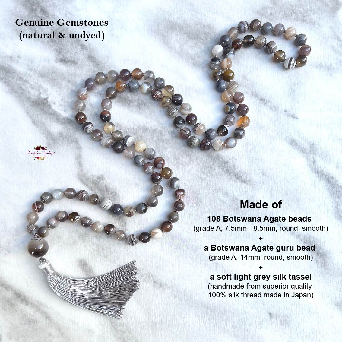 BOTSWANA AGATE MALA | 108 Beads, Hand-knotted, Grade A Natural Gemstone Necklace