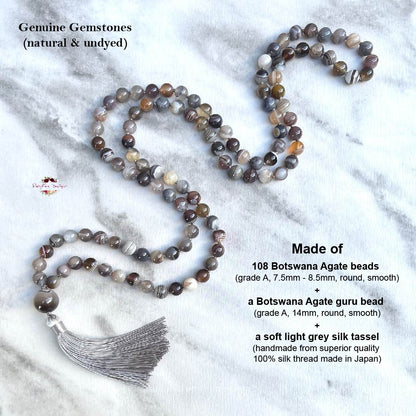 BOTSWANA AGATE MALA | 108 Beads, Hand-knotted, Grade A Natural Gemstone Necklace