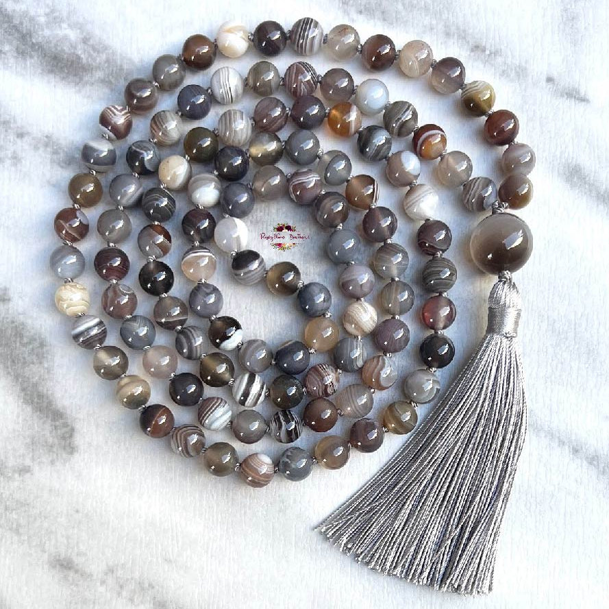 BOTSWANA AGATE MALA | 108 Beads, Hand-knotted, Grade A Natural Gemstone Necklace