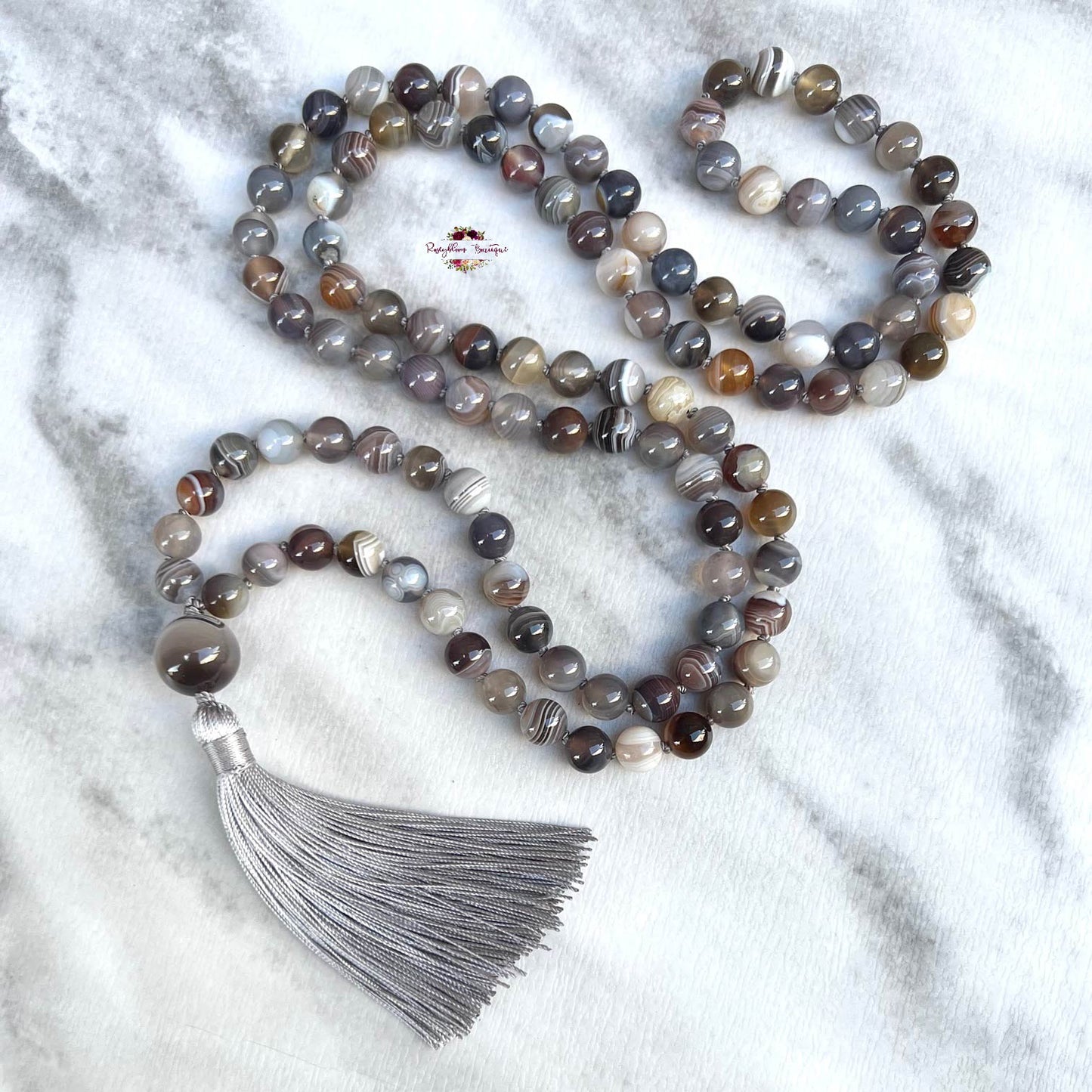 BOTSWANA AGATE MALA | 108 Beads, Hand-knotted, Grade A Natural Gemstone Necklace