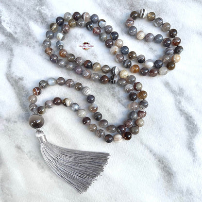 BOTSWANA AGATE MALA | 108 Beads, Hand-knotted, Grade A Natural Gemstone Necklace