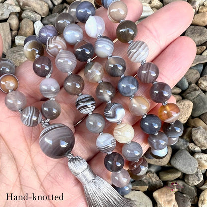 BOTSWANA AGATE MALA | 108 Beads, Hand-knotted, Grade A Natural Gemstone Necklace