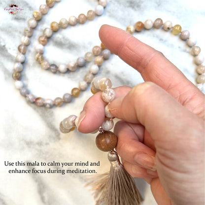 FLOWER AGATE MALA | 108 Beads, Hand-knotted, Grade A Natural Gemstone Necklace with Sandalwood Guru Bead