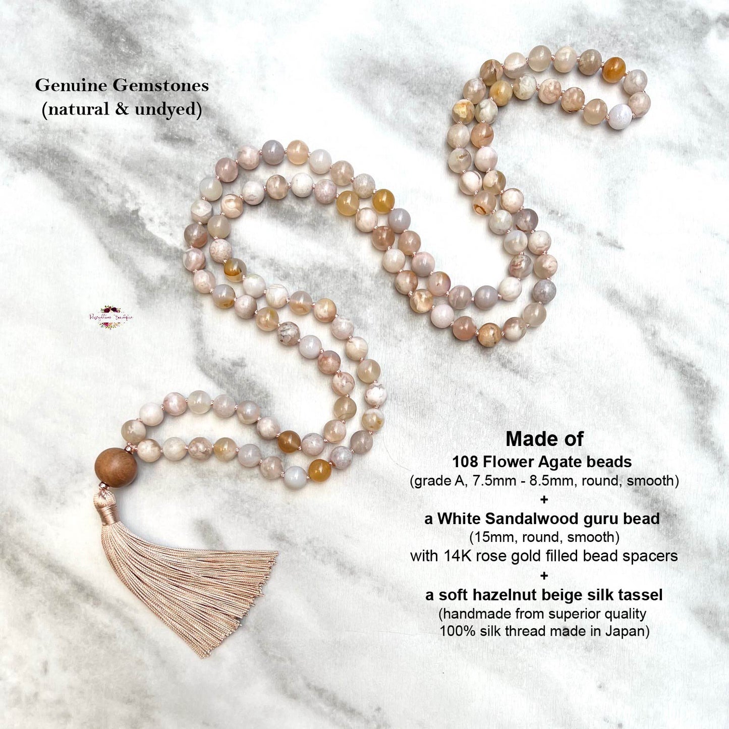 FLOWER AGATE MALA | 108 Beads, Hand-knotted, Grade A Natural Gemstone Necklace with Sandalwood Guru Bead