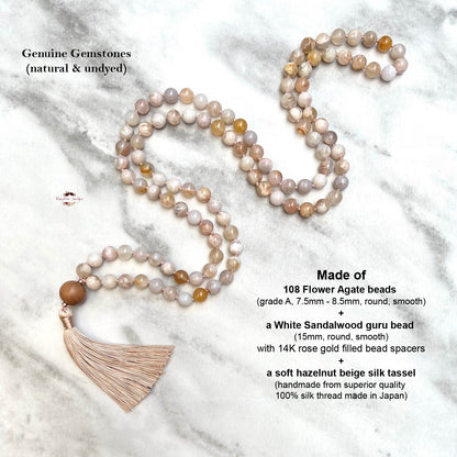 FLOWER AGATE MALA | 108 Beads, Hand-knotted, Grade A Natural Gemstone Necklace with Sandalwood Guru Bead