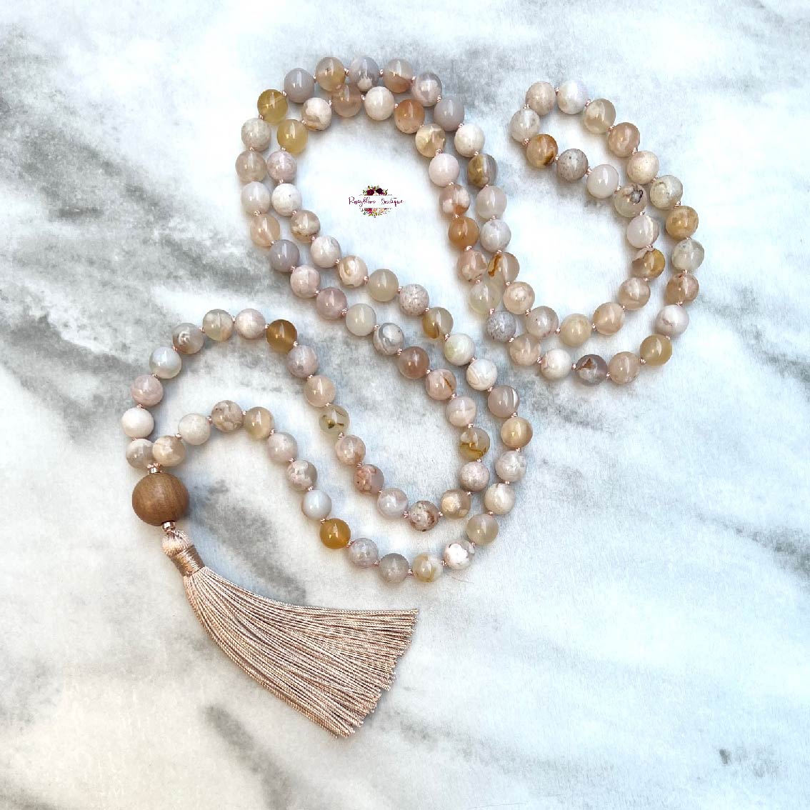 FLOWER AGATE MALA | 108 Beads, Hand-knotted, Grade A Natural Gemstone Necklace with Sandalwood Guru Bead