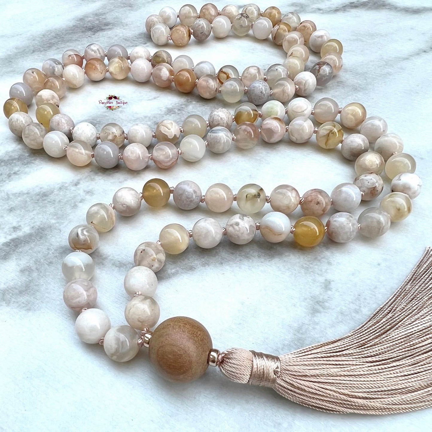 FLOWER AGATE MALA | 108 Beads, Hand-knotted, Grade A Natural Gemstone Necklace with Sandalwood Guru Bead