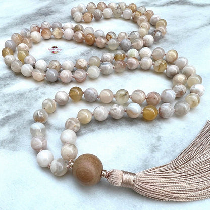 FLOWER AGATE MALA | 108 Beads, Hand-knotted, Grade A Natural Gemstone Necklace with Sandalwood Guru Bead