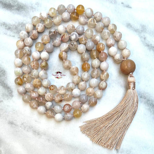 FLOWER AGATE MALA | 108 Beads, Hand-knotted, Grade A Natural Gemstone Necklace with Sandalwood Guru Bead