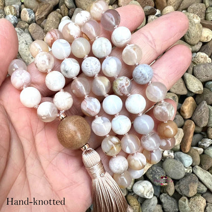 FLOWER AGATE MALA | 108 Beads, Hand-knotted, Grade A Natural Gemstone Necklace with Sandalwood Guru Bead