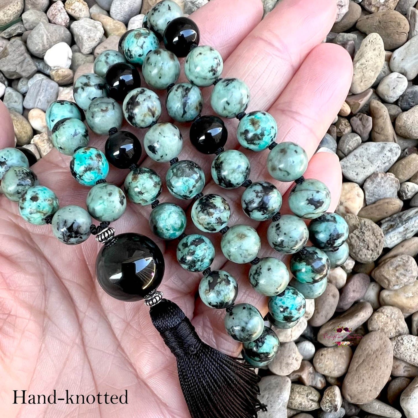 PROTECTION & TRANSFORMATION MALA – 108 Beads, Hand-knotted, Grade A African Turquoise & Grade AA Black Obsidian
