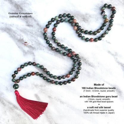 INDIAN BLOODSTONE MALA | 108 Beads, Hand-knotted, Grade A Natural Gemstone Necklace