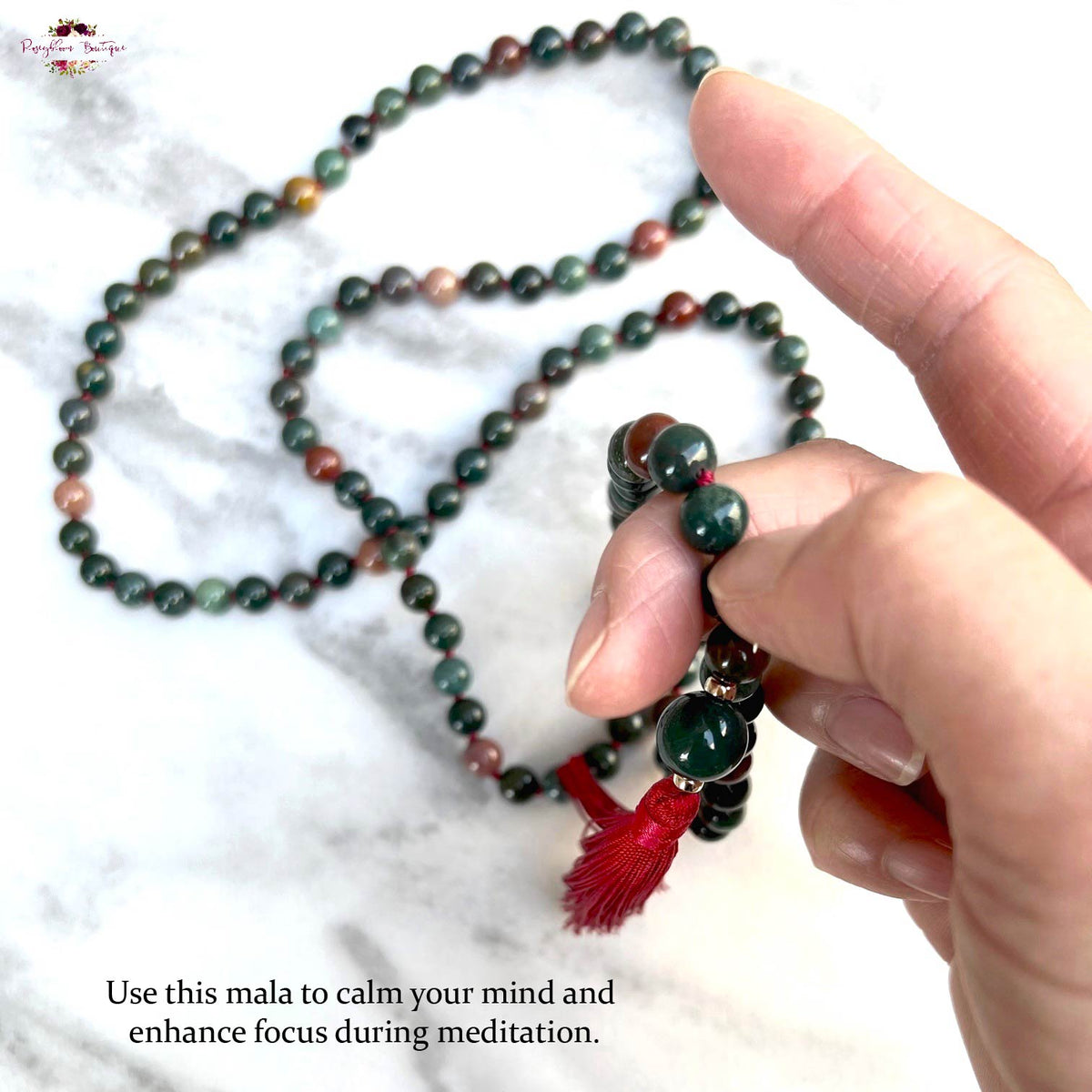 INDIAN BLOODSTONE MALA | 108 Beads, Hand-knotted, Grade A Natural Gemstone Necklace