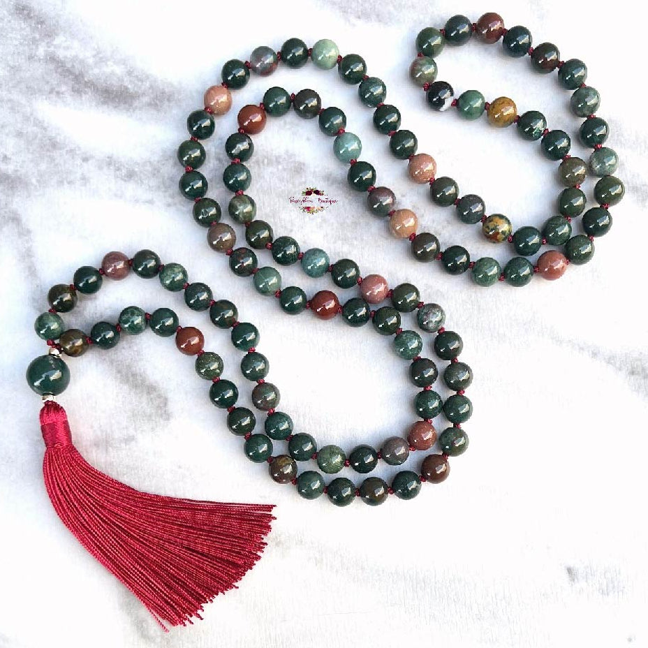 INDIAN BLOODSTONE MALA | 108 Beads, Hand-knotted, Grade A Natural Gemstone Necklace