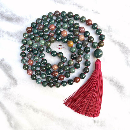 INDIAN BLOODSTONE MALA | 108 Beads, Hand-knotted, Grade A Natural Gemstone Necklace