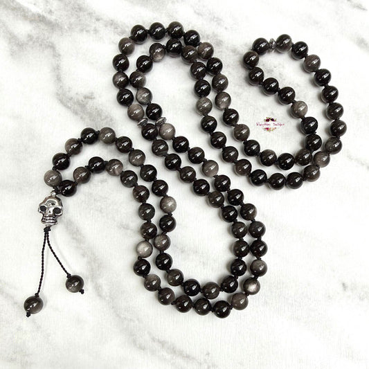 SILVER SHEEN OBSIDIAN SHADOW WORK MALA