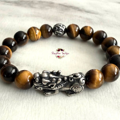 TIGER EYE PIXIU MEN BRACELET | 10mm Beads, Stretch Beaded Bracelet, Grade A Natural Gemstone, Stainless Steel Accent Beads