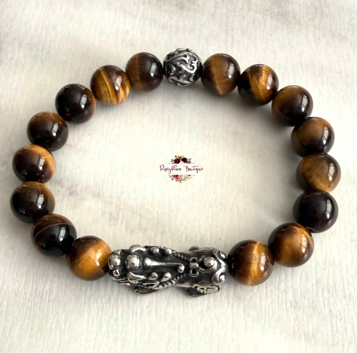 TIGER EYE PIXIU MEN BRACELET | 10mm Beads, Stretch Beaded Bracelet, Grade A Natural Gemstone, Stainless Steel Accent Beads