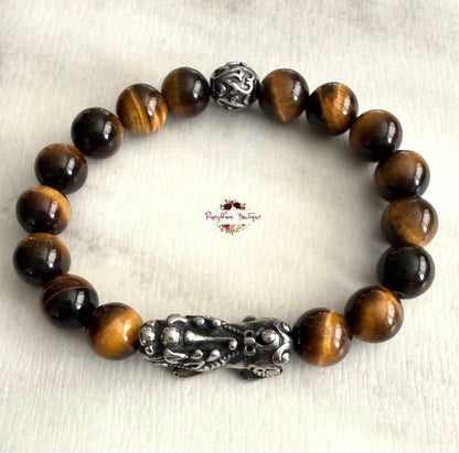 TIGER EYE PIXIU MEN BRACELET | 10mm Beads, Stretch Beaded Bracelet, Grade A Natural Gemstone, Stainless Steel Accent Beads