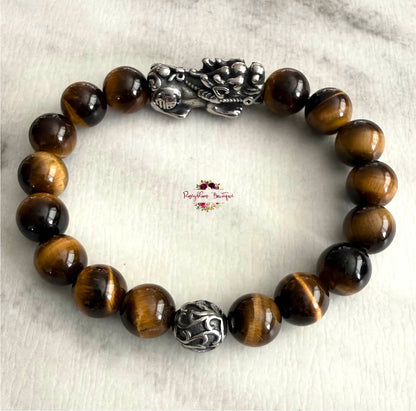 TIGER EYE PIXIU MEN BRACELET | 10mm Beads, Stretch Beaded Bracelet, Grade A Natural Gemstone, Stainless Steel Accent Beads