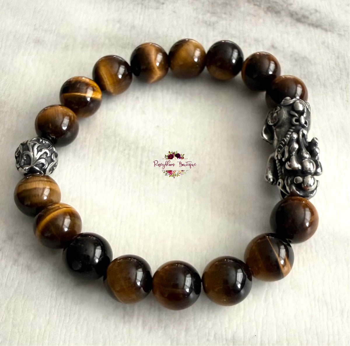 TIGER EYE PIXIU MEN BRACELET | 10mm Beads, Stretch Beaded Bracelet, Grade A Natural Gemstone, Stainless Steel Accent Beads