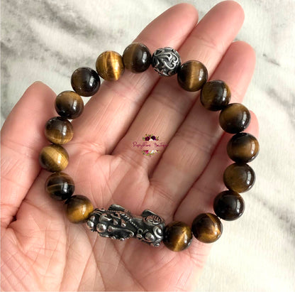 TIGER EYE PIXIU MEN BRACELET | 10mm Beads, Stretch Beaded Bracelet, Grade A Natural Gemstone, Stainless Steel Accent Beads