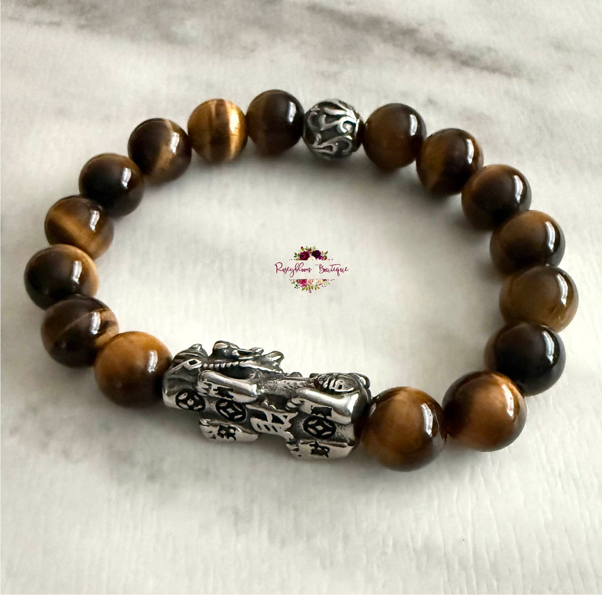 TIGER EYE PIXIU MEN BRACELET | 10mm Beads, Stretch Beaded Bracelet, Grade A Natural Gemstone, Stainless Steel Accent Beads