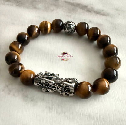 TIGER EYE PIXIU MEN BRACELET | 10mm Beads, Stretch Beaded Bracelet, Grade A Natural Gemstone, Stainless Steel Accent Beads