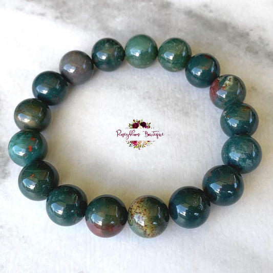 INDIAN BLOODSTONE BRACELET | 10mm Beads, Stretch Beaded Bracelet, Natural Heliotrope Gemstone, Women Men