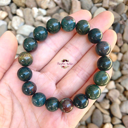 INDIAN BLOODSTONE BRACELET | 10mm Beads, Stretch Beaded Bracelet, Natural Heliotrope Gemstone, Women Men