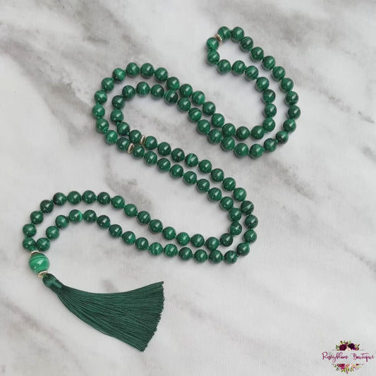 MALACHITE MALA | 108 Beads, Hand-knotted, Grade AA Natural Gemstone Necklace