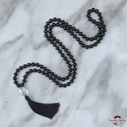 BLACK OBSIDIAN MALA | 108 Beads, Hand-knotted, Grade AA Natural Gemstone Necklace with Clear Quartz Guru Bead