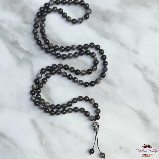 SILVER SHEEN OBSIDIAN SHADOW WORK MALA | 108 Beads, Hand-knotted, Grade A Natural Gemstone Necklace