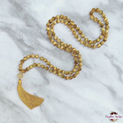 HONEY TIGER EYE MALA | 108 Beads, Hand-knotted, Grade AA Natural Gemstone Necklace with Citrine Guru Bead