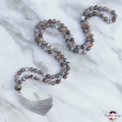 BOTSWANA AGATE MALA | 108 Beads, Hand-knotted, Grade A Natural Gemstone Necklace