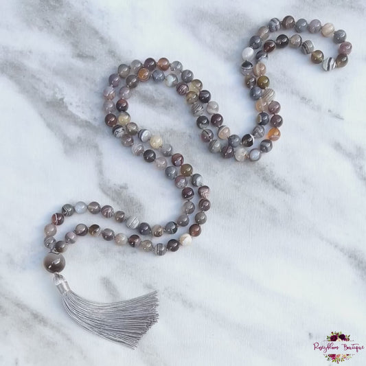BOTSWANA AGATE MALA | 108 Beads, Hand-knotted, Grade A Natural Gemstone Necklace