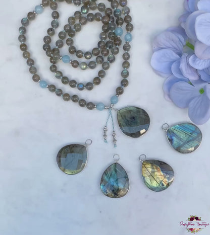 LABRADORITE & AQUAMARINE PENDANT MALA | 108 Beads, Hand-knotted, Grade AA-AAA Labradorite and Aquamarine Necklace